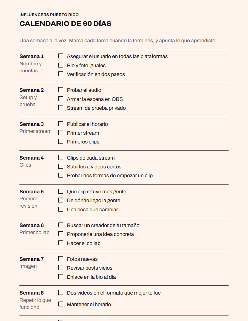 La primera página del calendario de 90 días: una semana por fila, con su enfoque y sus tareas pa' marcar.