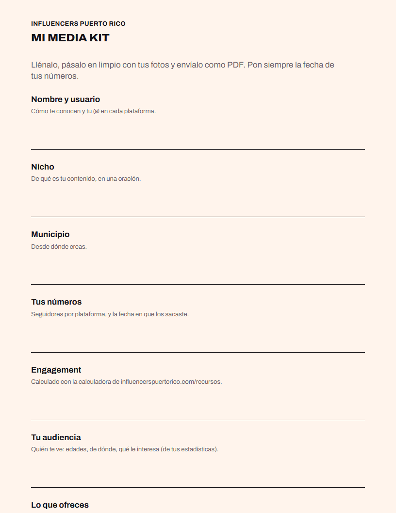 La primera página de la plantilla de media kit: nombre, nicho, municipio y tus números, con espacio pa' llenar.